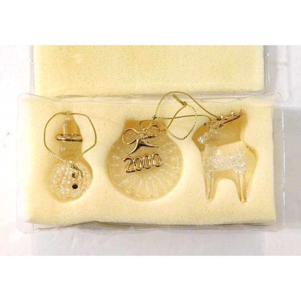 Avon Glass Ornament Set 2000 Snowman Wreath Reindeer Hand Spun 22K Gold Accents